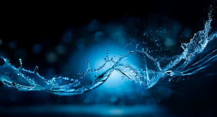 Poster - Vibrant blue water splashes dynamically against a dark backdrop, illuminated by a soft, central blue light, creating an energetic and refreshing visual.