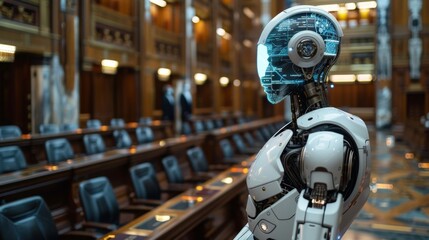 Poster - Holographic AI assistant participates in virtual trial within modern judiciary setting focused on justice and technology