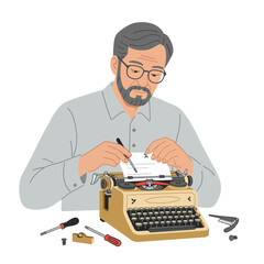 Poster - Man repairing a vintage typewriter in a flat vector illustration style