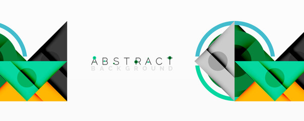 Poster - Abstract geometric composition with intersecting triangles, circles, and gradients, creating a dynamic layered pattern with depth and contrast