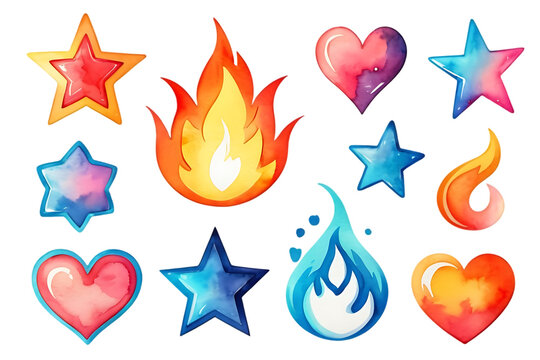 Watercolor Fire Stars and Hearts Collection Isolated on Black Background