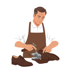 Poster - Shoe repair artisan working on brown leather shoes in detailed vector illustration