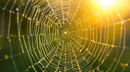 Macro close-up of a spiderweb adorned with delicate morning dew, shimmering droplets in golden sunrise, spider web with dew drops