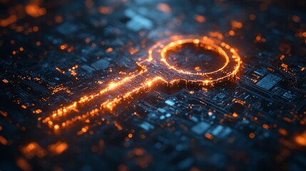 Fototapete - A glowing key symbol represents quantum encryption and secure communication, set against intricate digital circuits, showcasing advanced concepts like entanglement and decoherence.