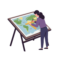 Poster - Person using a ruler to design a world map in flat vector art