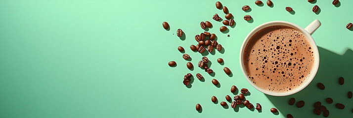 Poster - A cup of coffee and scattered brown coffee beans on a green background with copy space