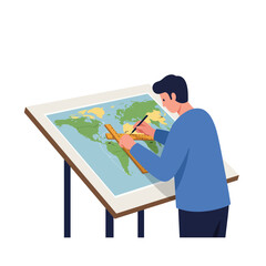 Poster - Man creating a detailed map illustration with flat design style in vector art