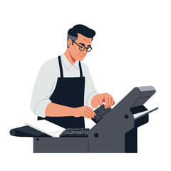 Poster - Man operating a printing press in a flat style vector illustration