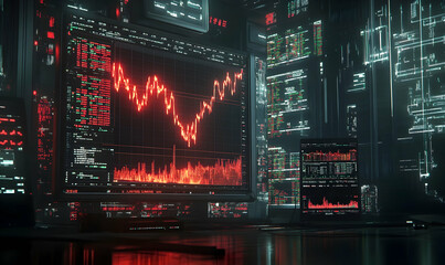 Poster - A room filled with monitors displaying dynamic data streams and graphs, predominantly red and black, reflecting a technological or financial setting