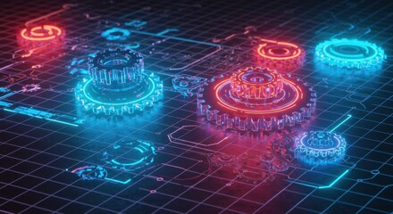 Poster - Futuristic Glowing Gears Mechanism Digital Technology Network Abstract Background