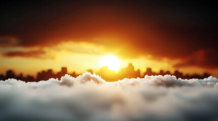 Poster - Stunning Sunrise Over Urban Skyline Glowing Above Soft Clouds with Rich Colors and Dramatic Atmospheric Contrast