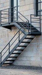 Aufkleber - A sleek metal staircase extends from a sturdy stone wall, connecting ground level to a higher entryway. This contemporary structure highlights modern architecture amidst a city backdrop