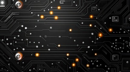 Poster - Circuit board with illuminated components; abstract technology background; digital design; for tech articles