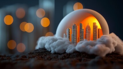 Poster - Surreal Concept of Urban Development Emerging from an Egg with Soft Clouds and Illuminated Cityscape in the Background