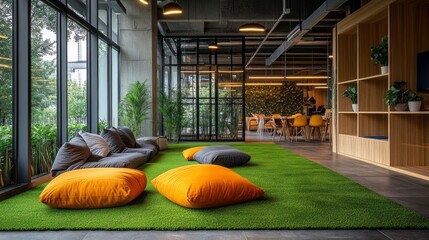 Poster - A modern workspace features cozy orange cushions and soft gray sofas on lush green turf. Large windows invite natural light, enhancing a welcoming atmosphere for teamwork and creativity