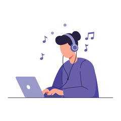 Poster - Person wearing headphones listening to music while working on laptop in flat vector art