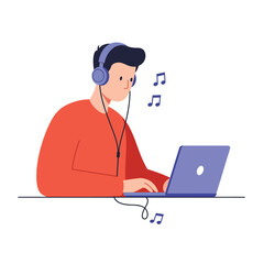Poster - Person with headphones enjoying music while working on a laptop in flat vector art