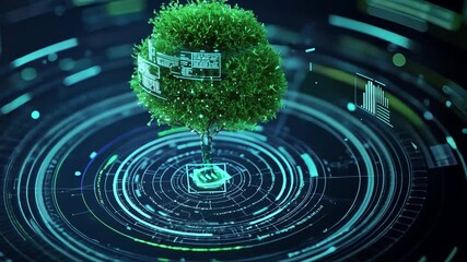 Poster - Digital Technology Meets Nature: A Lush Green Tree Surrounded by Futuristic Data Visualizations and Graphs in a Tech-Inspired Landscape