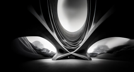 Fototapete - Futuristic monochrome architecture featuring curved arches and abstract shapes. The structure appears to be an interior or an abstract landscape, bathed in light and shadow play.