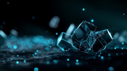 Poster -  A digital technology background with floating holographic interface elements, futuristic geometric shapes pulsating with energy, deep black and electric blue tones creating contrast
