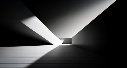 Poster - Abstract architecture with dramatic light and shadow. Light beam illuminates dark minimalist space creating strong contrast and geometric shapes.