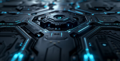 Poster - A futuristic technology background featuring glowing blue and cyan circuits, interconnected data streams forming a complex network, soft neon reflections adding depth