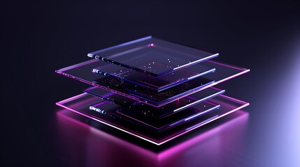 Poster - A high-tech abstract background featuring layers of floating translucent digital panels, subtle neon-lit edges, deep navy and magenta hues enhancing the futuristic ambiance