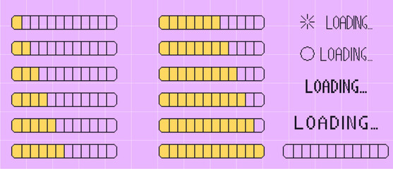 Fototapete - Pixel art retro loading bar interface. 8 bit progress button elements set and text. Y2k game waiting signs in retro 80s style. Vector set illustration.