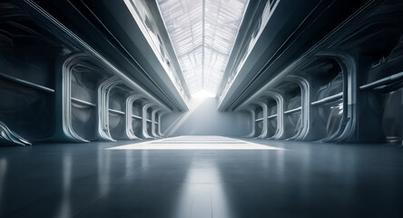Poster - Futuristic tunnel with metallic walls and ceiling. Light shines brightly from the end of the corridor, creating a sense of depth and leading the eye forward.