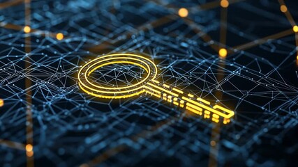 Poster - Futuristic Digital Key Concept Overlaid on Network Connections Representing Cybersecurity Solutions and Data Protection in a High-Tech Environment