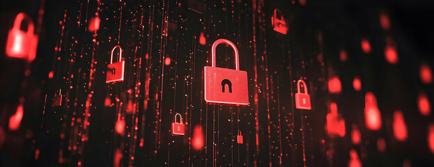 Poster - Red locks falling digital stream. Cybersecurity