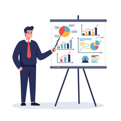 Poster - Businessman presenting data with graphs and charts in flat vector illustration