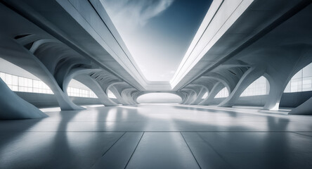 Poster - Modern architecture showcases white pillars and beams under a bright sky. Smooth surfaces and minimalist design create perspective and depth in this space.