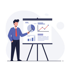 Poster - Businessman presenting data analysis on a flip chart in flat vector art