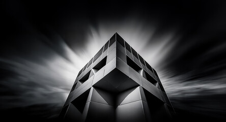 Fototapete - Low angle black and white image of a contemporary building's corner featuring geometric patterns against a dramatic, bright sky.