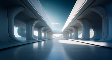 Poster - Bright white corridor with rounded arches creates a futuristic tunnel effect, leading towards a distant light source. Clean, minimalist, and modern architecture.