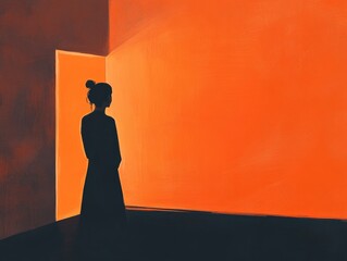 Poster - A woman stands in a bright orange room with a calm expression