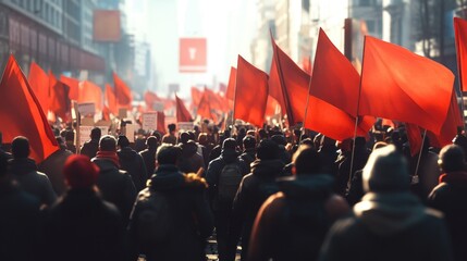 Poster - Group of protesters holding red flags in their hands, demonstrating against something