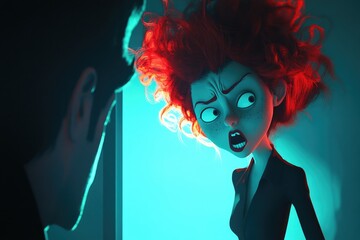 Poster - A woman with bright red hair gazing into a mirror