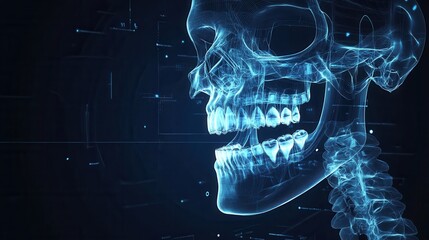 Poster - Detailed X-ray blueprint of a jawbone highlighting implants and skeletal outlines in a dark medical setting