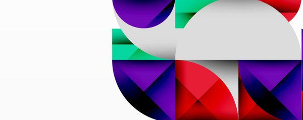 Poster - Abstract geometric design with intersecting circles, triangles, squares and sharp angles creating a layered composition with gradients, depth, and contrast