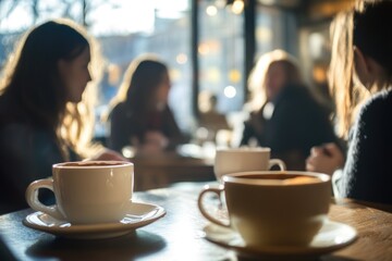 Poster - A pair of cups filled with coffee sit on a table, ready for use
