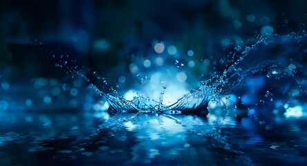 Leinwandbilder - Water droplet splash on dark blue surface with bokeh background. Liquid frozen motion, dynamic and refreshing scene.