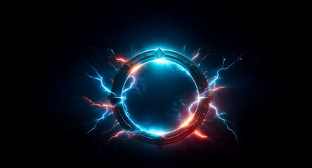 Aufkleber - Circular glowing ring with blue and red electric energy emanating from it, set against a stark black backdrop. Dynamic, vibrant and visually striking abstract design.