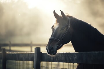 Poster - A brown horse stands next to a rustic wooden fence, waiting patiently