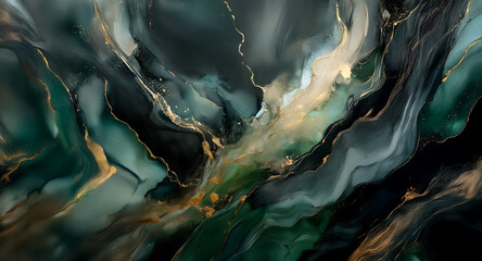 Aufkleber - Swirling shades of dark green and teal create an abstract art piece, enhanced with luxurious gold accents. Fluid and marble-like texture.