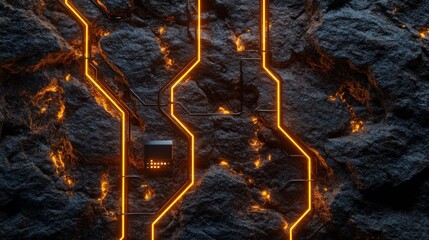 Poster - Textured stone wall with glowing neon circuit lines etched into its surface background wallpaper AI generated image