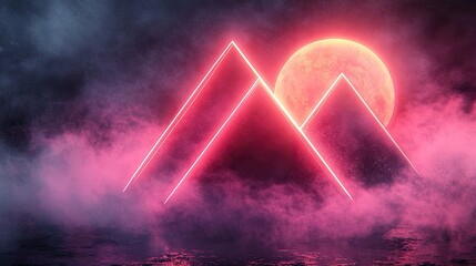 Poster - Neon pyramids, crimson moon, smoky mist