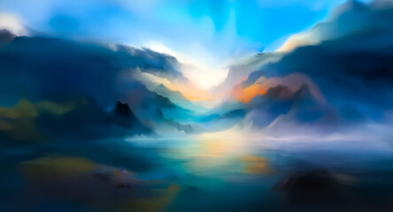 Poster - Dreamy abstract landscape with mountains reflecting in water under a bright sky. Blue, orange, and yellow hues create a tranquil, painterly scene.