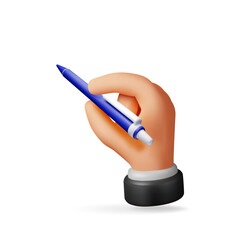 Poster - 3D detailed classic ballpoint pen in hand isolated on white. Render black pen with button. Office and school equipment, stationery. Vector illustration